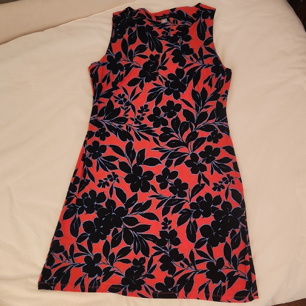 Floral Sleeveless Dress - Navy Blue and Red